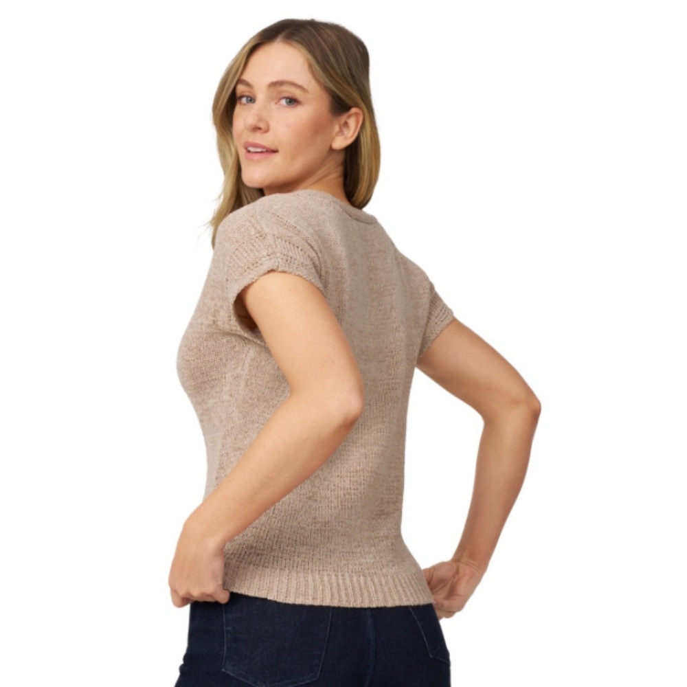 Melissa Paige Women's V-Neck Short-Sleeve Tape-Yarn Sweater Oxford Tan NWT - Picture 4 of 4